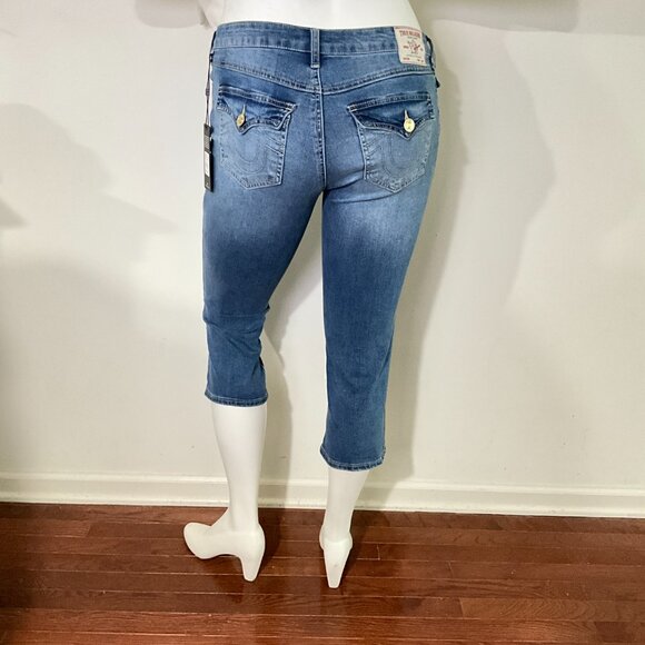 True Religion Billie SN Flap Straight Capri In Medium Tide Wash Blue 28 - Picture 11 of 11